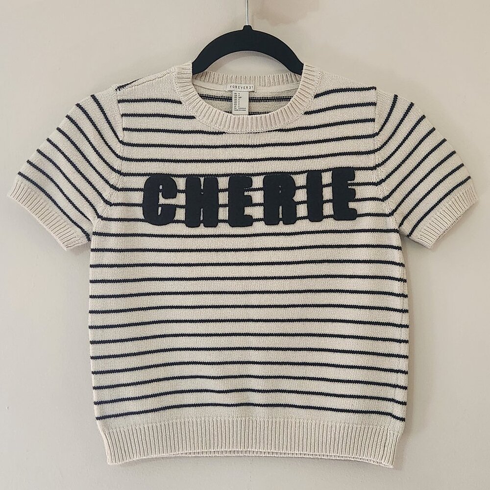 Forever 21 S Cherie Short Sleeve Black & White Parisian Chic Striped Knit Top